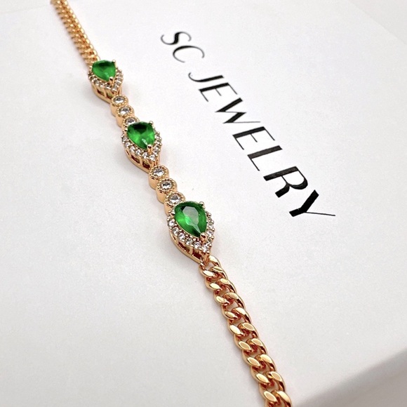 Drop Bracelet 18k Gold Plated w/ Green CZ Stone | Luxury Jewelry - Picture 2 of 10